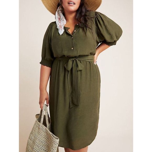 Anthropologie Shirt Dress Womens Small Nicole Linen Blend Green Puff Sleeve - Picture 3 of 14